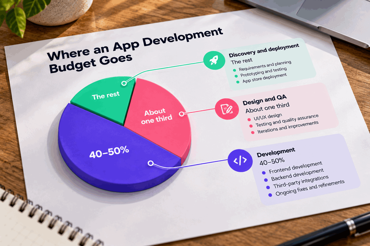 Chart of how an app development budget splits across discovery, design, development, QA and deployment
