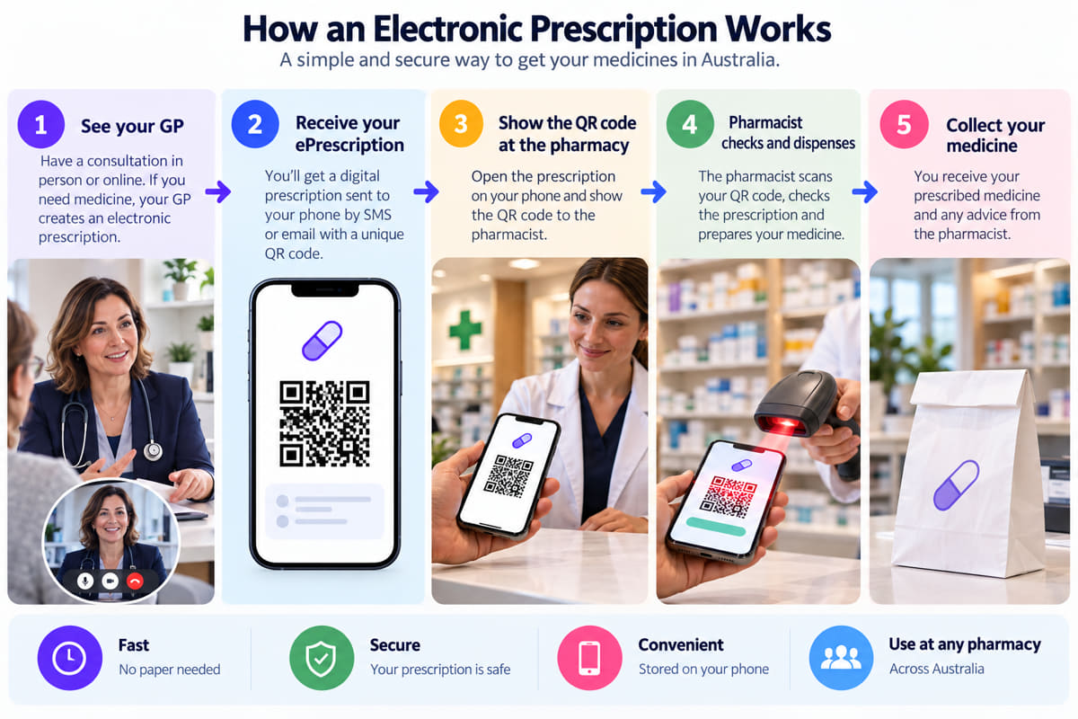 Pharmacist scanning an electronic prescription token from a patient's phone