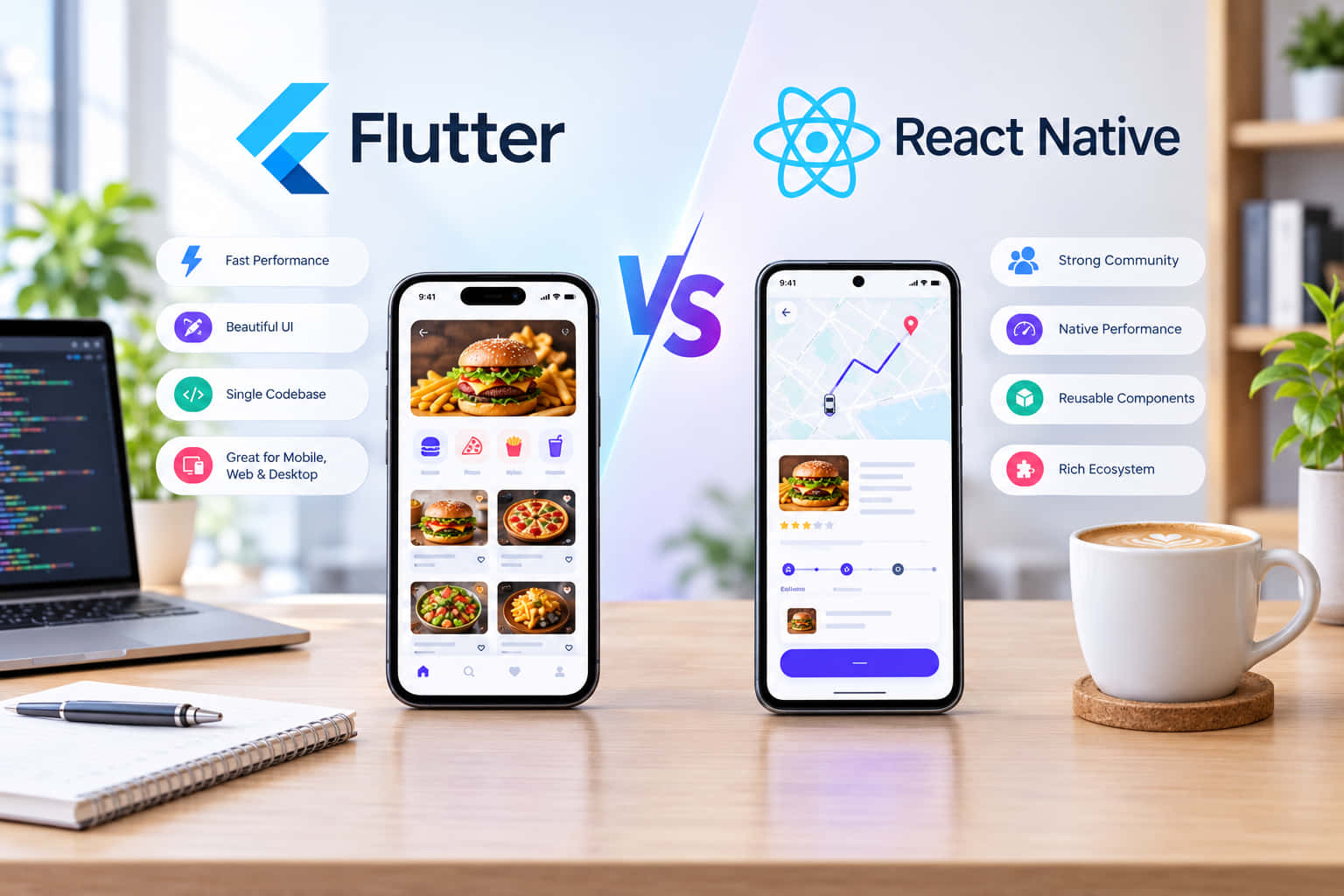 iOS and Android phones in a testing rack running the same food ordering app