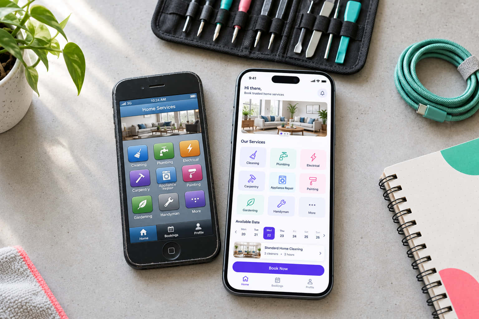 An older smartphone with a dated booking app beside a new phone showing the same app modernised