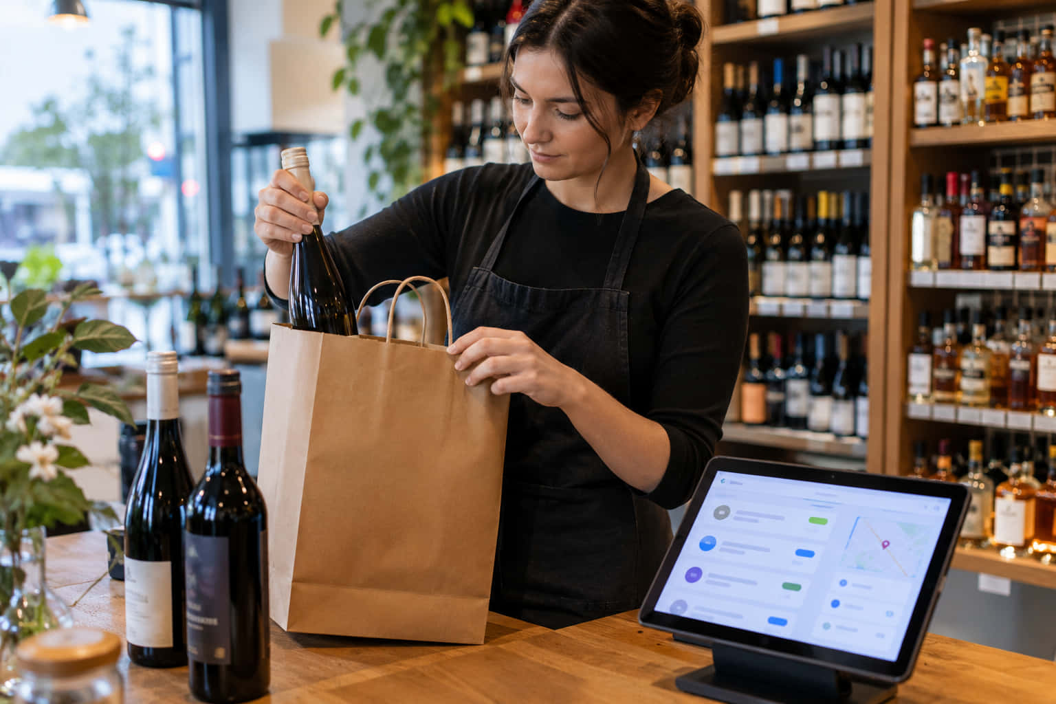 Bottle shop staff packing a delivery order while a tablet shows incoming orders in a liquor delivery app