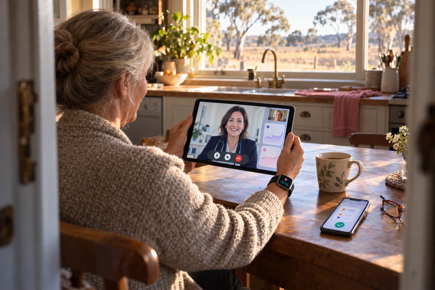 Patient using a telehealth app for a video consultation with an Australian GP