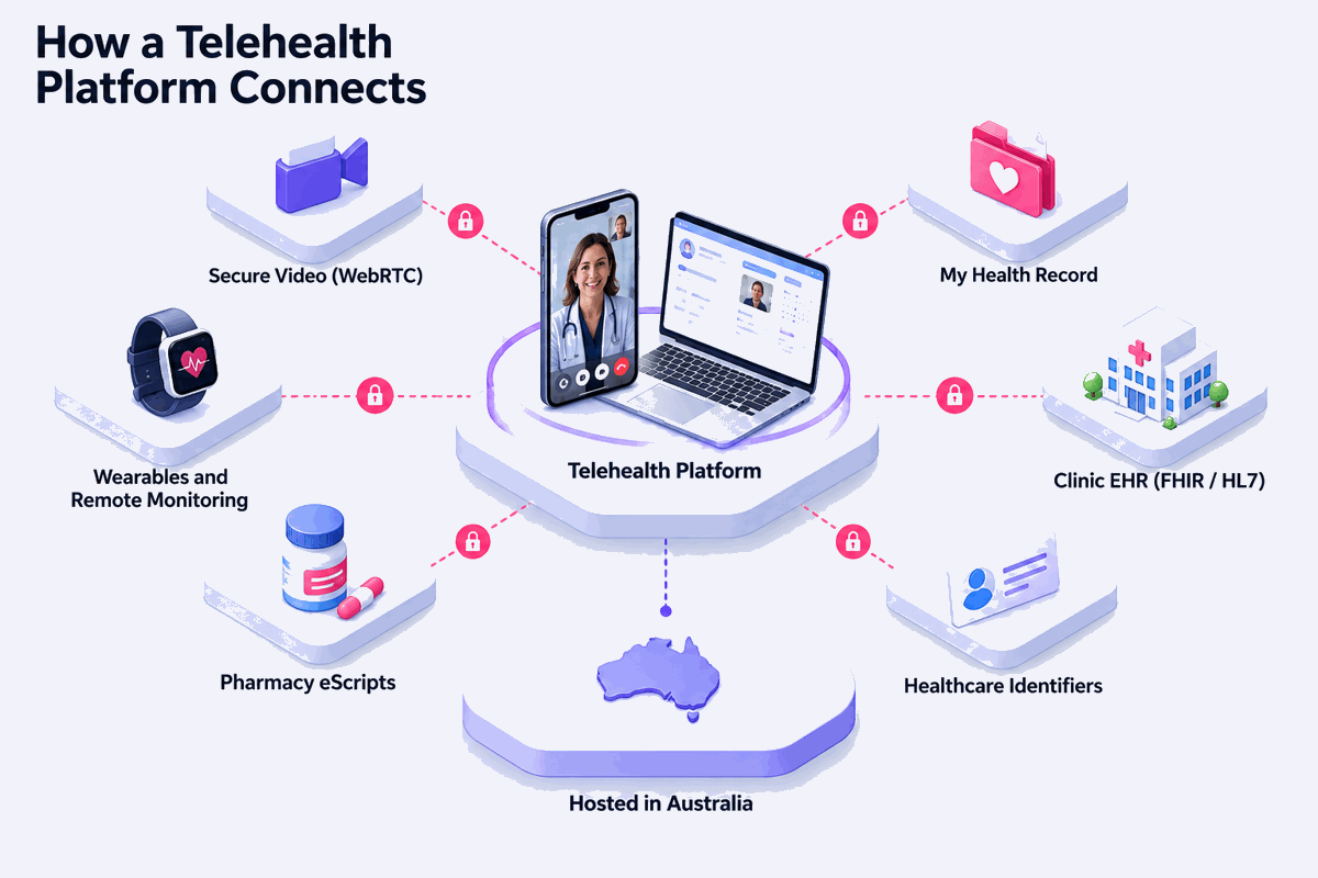 Telehealth platform architecture connecting video, My Health Record, clinic EHR, pharmacy and wearables